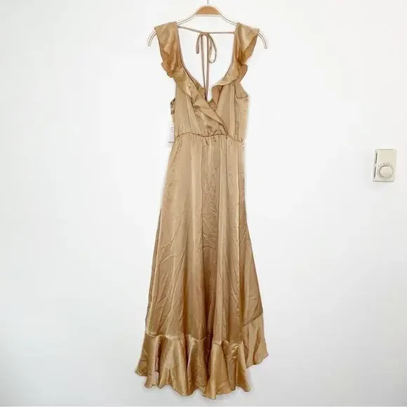 Show Me Your Mumu Samantha Ruffle Wrap Dress True Gold Luxe Satin Small‎ - Picture 4 of 12